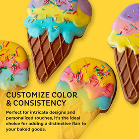 Liqua-Gel color additions merging with Royal Icing for rich shades.