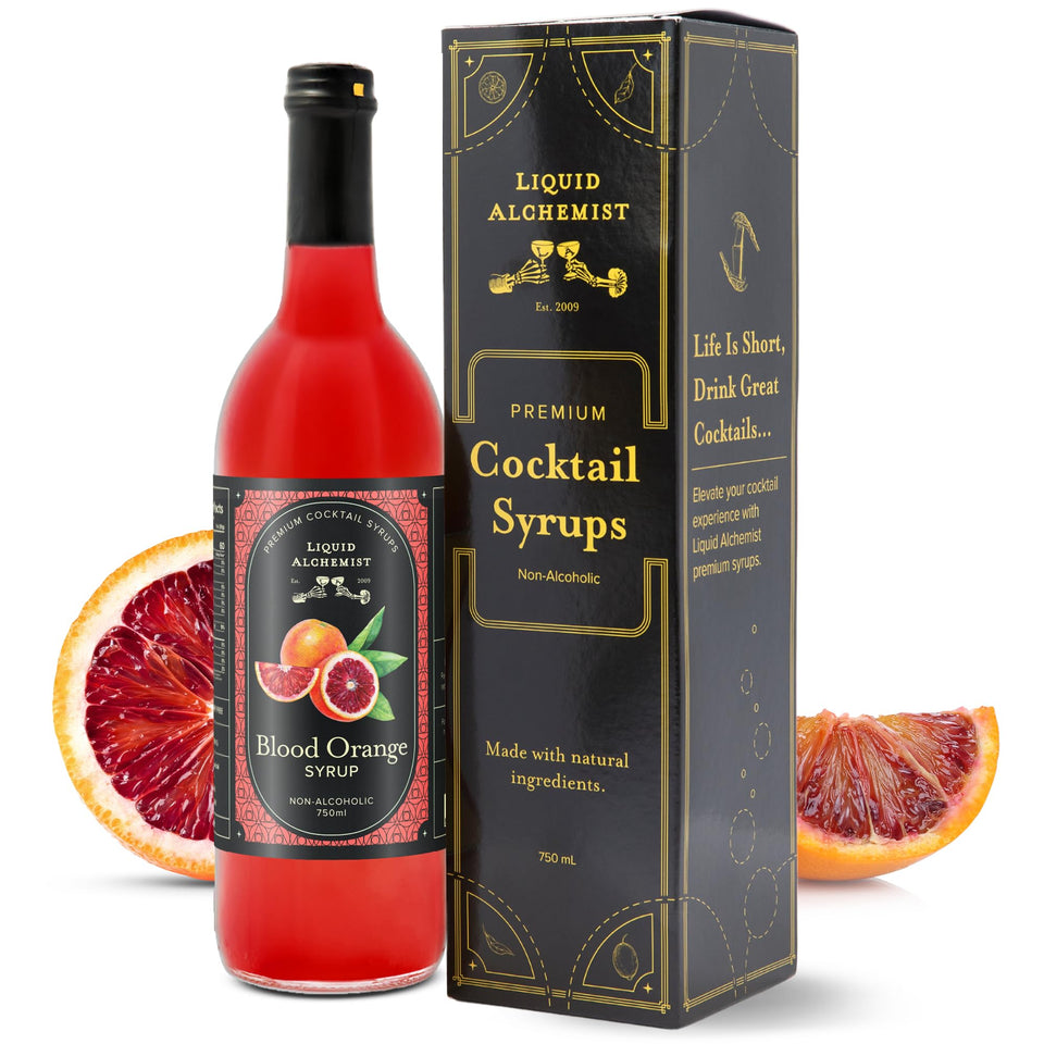 Liquid Alchemist Blood Orange Syrup bottle on a bar shelf showcases natural ingredients.