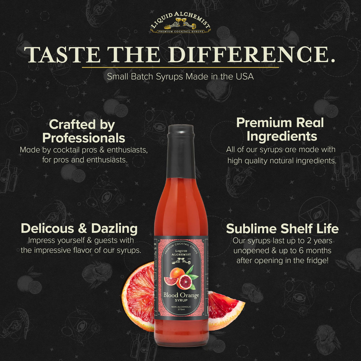 Glass with Blood Orange cocktail using Liquid Alchemist Syrup.