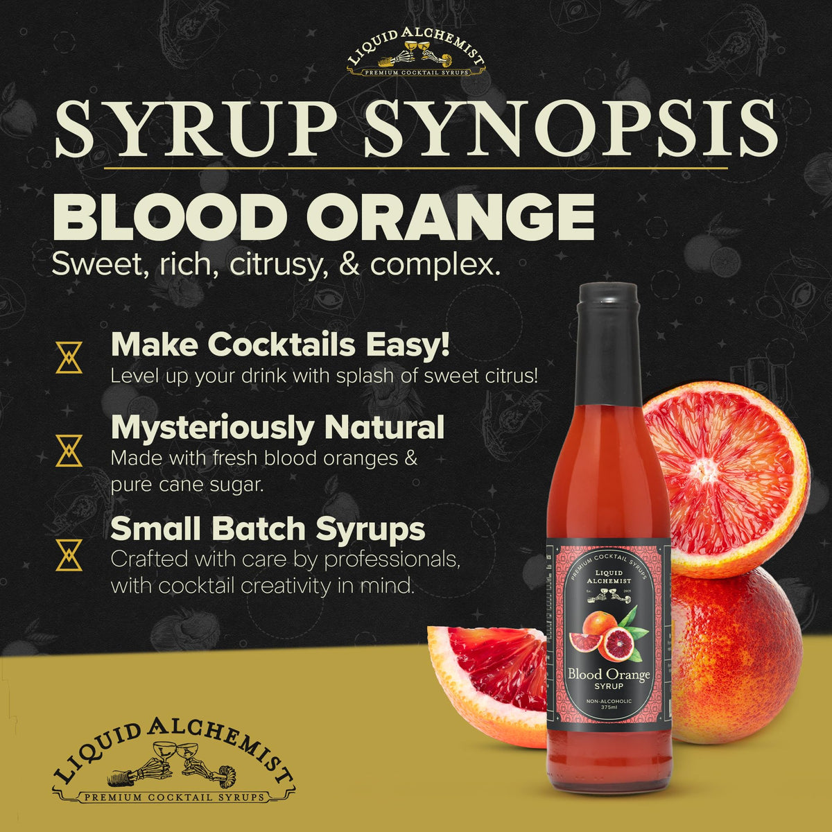Close-up of Liquid Alchemist Blood Orange Syrup label showing non-GMO ingredients.