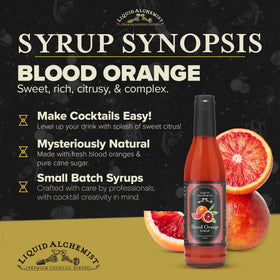 Close-up of Liquid Alchemist Blood Orange Syrup label showing non-GMO ingredients.