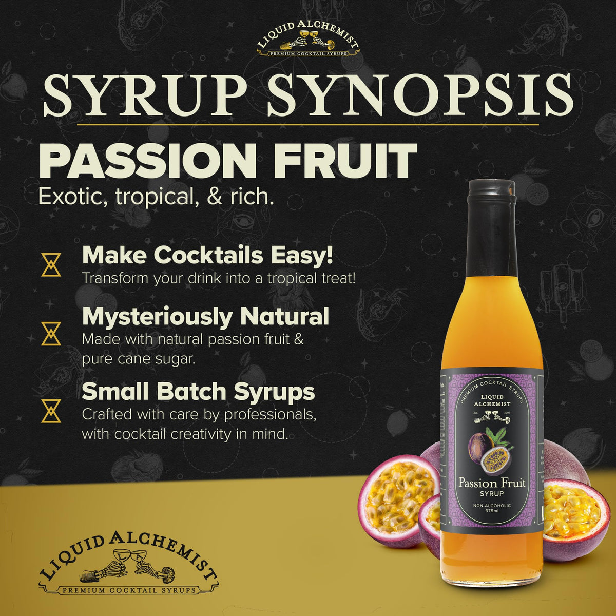 Liquid Alchemist bottle label highlights small-batch non-GMO vegan ingredients.