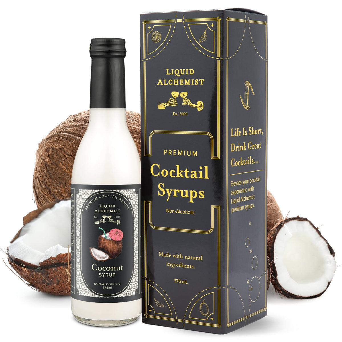 Liquid Alchemist coconut syrup bottle cap highlights real ingredients and vegan flavor.