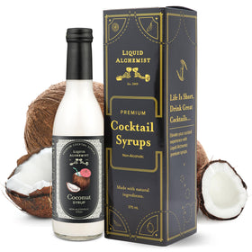 Liquid Alchemist coconut syrup bottle cap highlights real ingredients and vegan flavor.