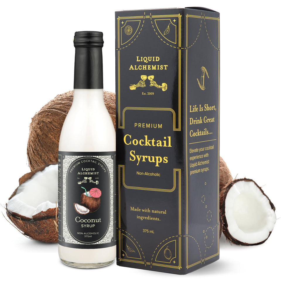 Liquid Alchemist coconut syrup bottle cap highlights real ingredients and vegan flavor.