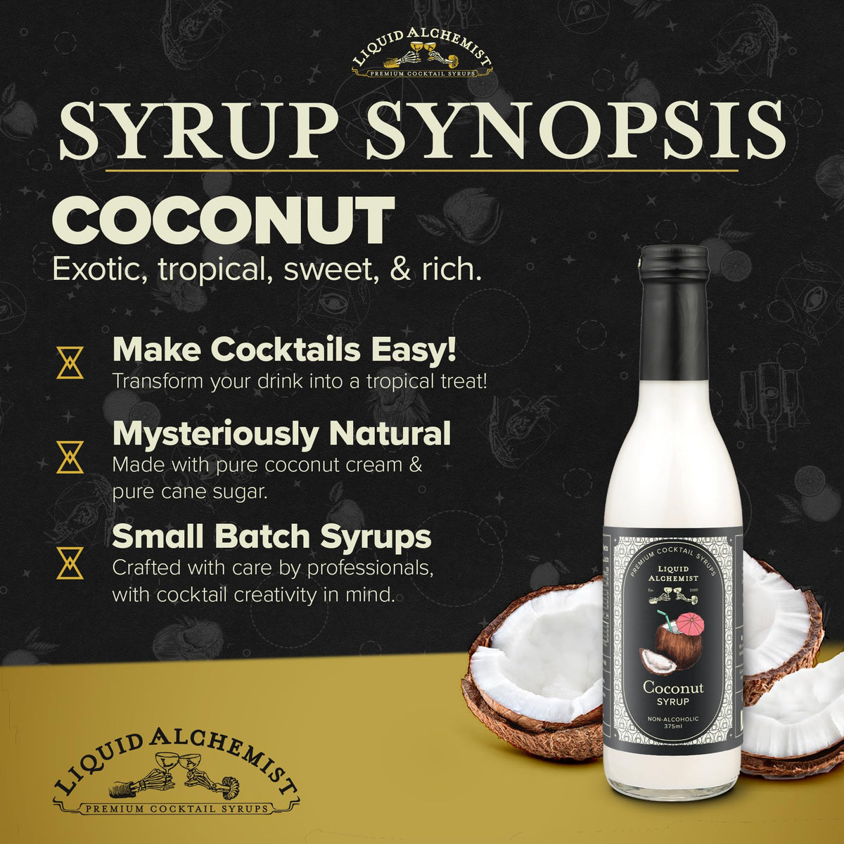 Liquid Alchemist coconut syrup cocktail glass shows tropical drink versatility.