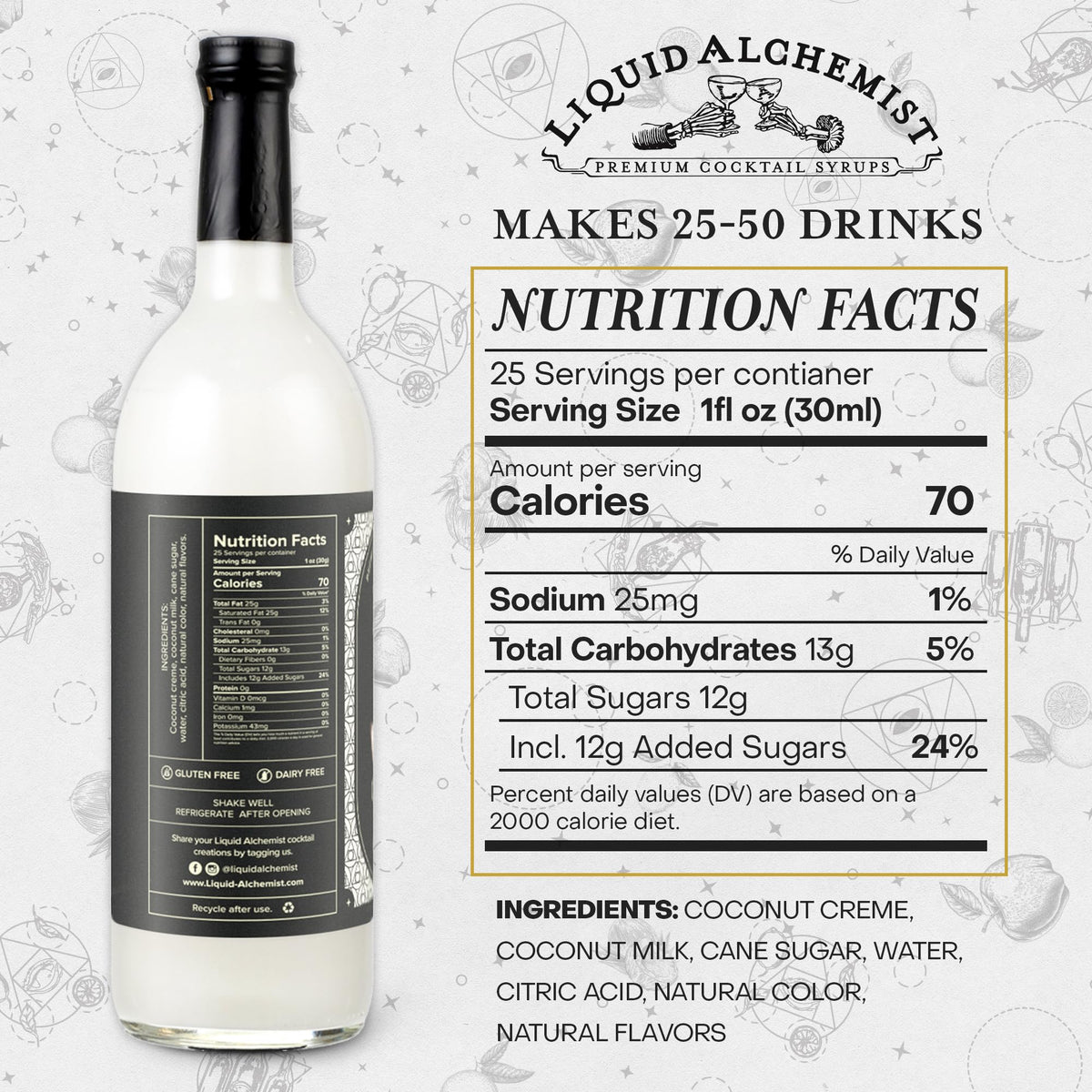 Liquid Alchemist coconut syrup bottle with visible ingredients on label