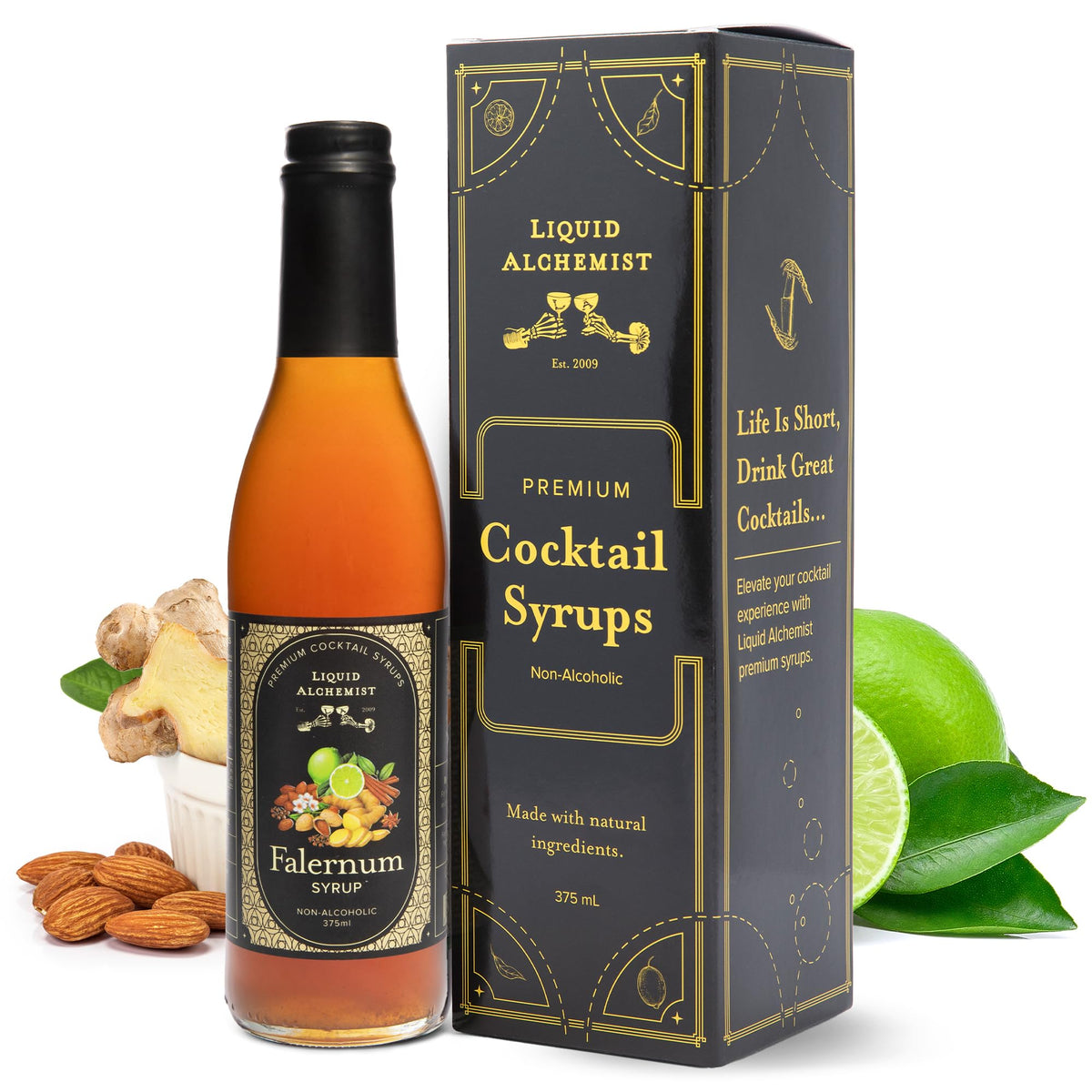 Liquid Alchemist Falernum Syrup bottle with bold spice and citrus notes for cocktails.