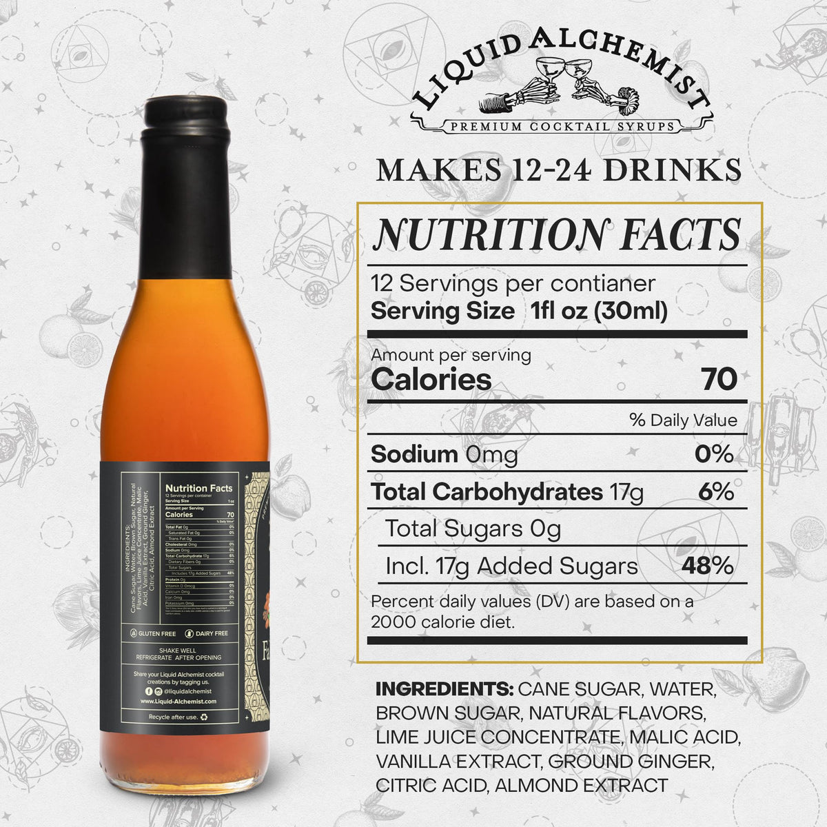 Close-up of Liquid Alchemist Falernum Syrup ingredients including ginger and lime.