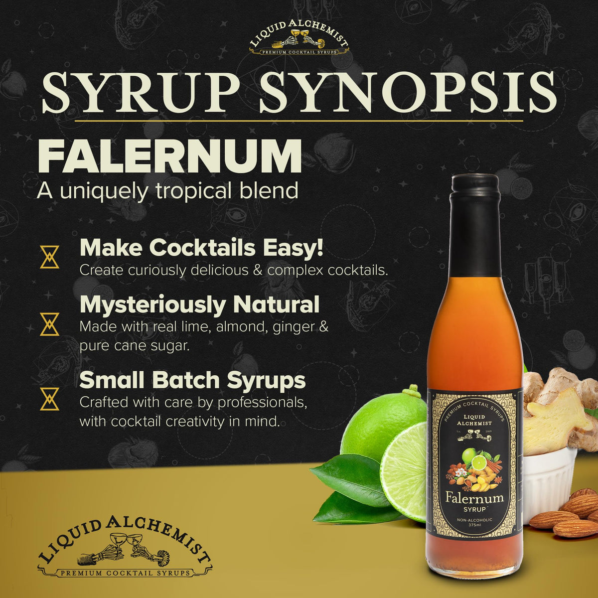 Liquid Alchemist Falernum Syrup being poured into a shaker for tropical cocktails.