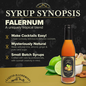 Liquid Alchemist Falernum Syrup being poured into a shaker for tropical cocktails.