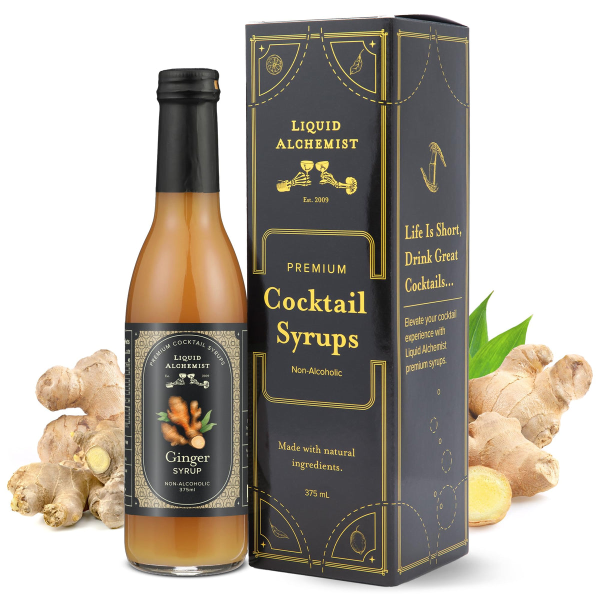 Liquid Alchemist Ginger Syrup bottle pour for cocktails, ideal for quick Moscow Mules.