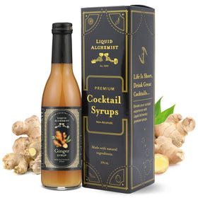Liquid Alchemist Ginger Syrup bottle pour for cocktails, ideal for quick Moscow Mules.