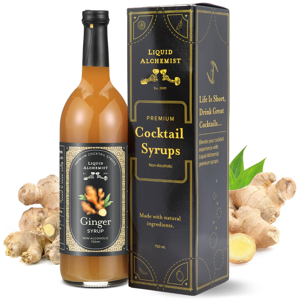 Liquid Alchemist Ginger Syrup bottle with real ingredients for richer cocktails.