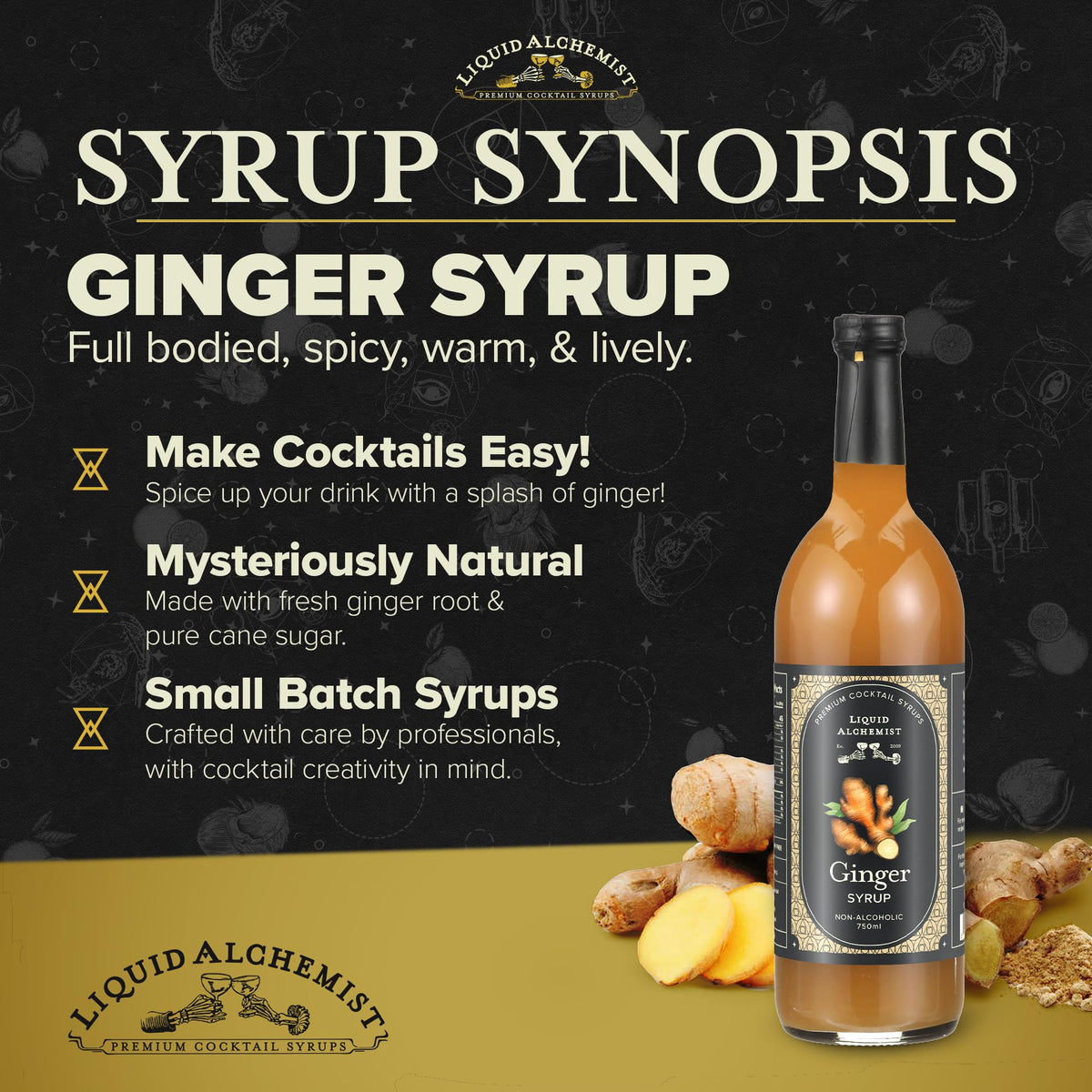 Ingredients highlight: organic ginger juice and cane sugar in Liquid Alchemist syrup.