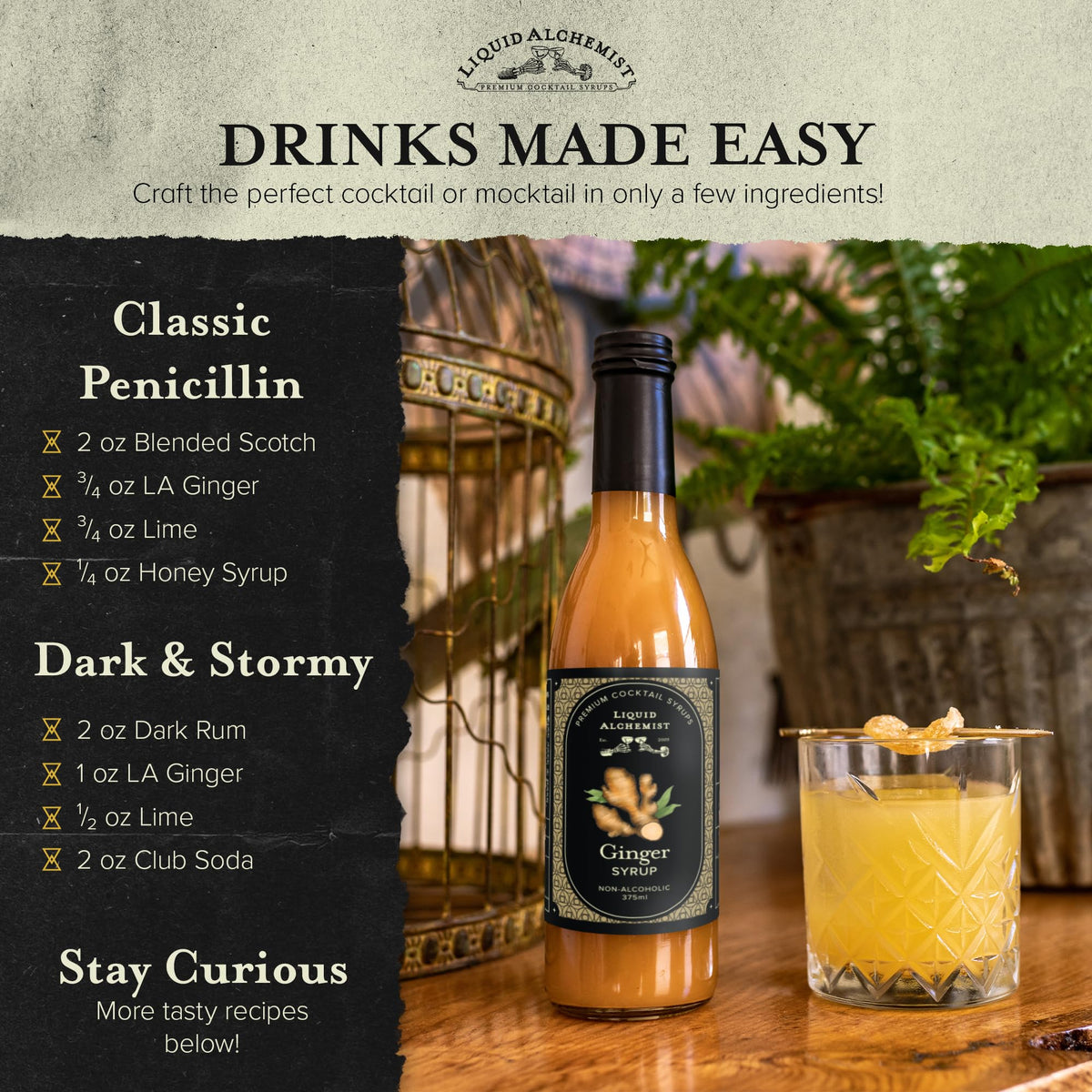 Liquid Alchemist label on bottle emphasizing shelf-stable ginger syrup.