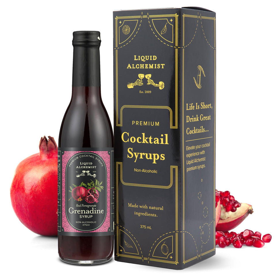 Liquid Alchemist Grenadine bottle front showcases real ingredients and bold pomegranate flavor