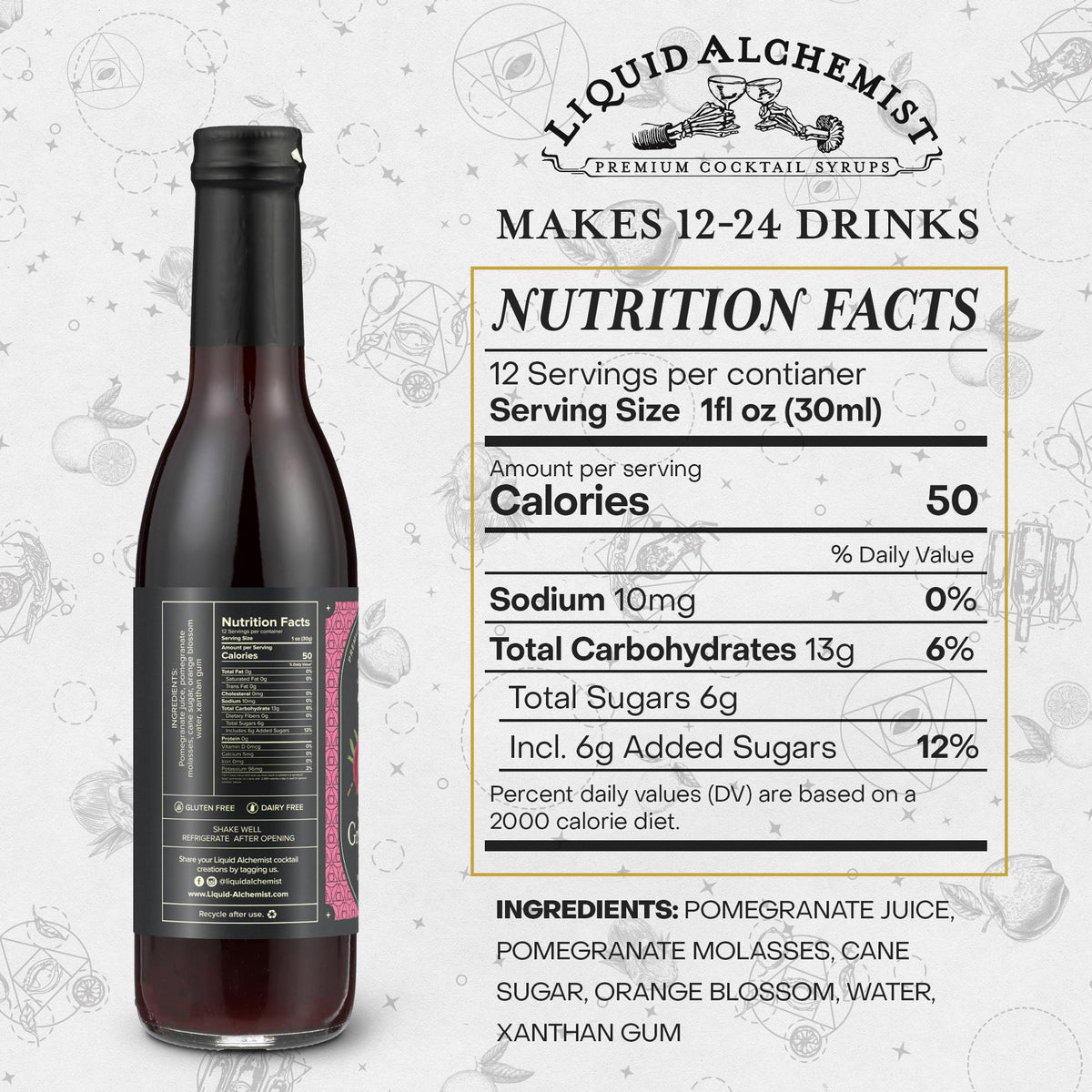 Liquid Alchemist Grenadine bottle label highlights non-GMO, vegan ingredients for clean cocktail prep