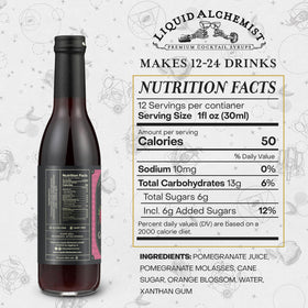 Liquid Alchemist Grenadine bottle label highlights non-GMO, vegan ingredients for clean cocktail prep