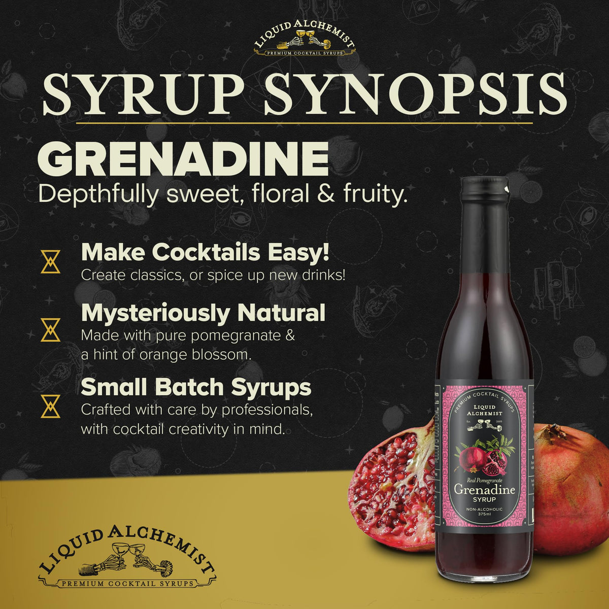 Liquid Alchemist Grenadine ingredients close-up emphasizes fresh pomegranate and orange blossom water