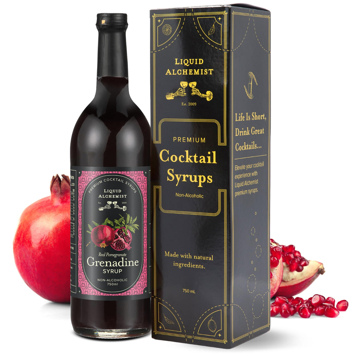 Liquid Alchemist Grenadine Syrup bottle highlighting real pomegranate flavor for quick cocktails.