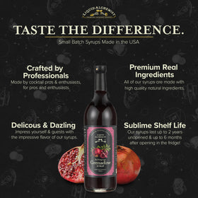 Liquid Alchemist Grenadine Syrup ingredients closeup emphasizes non-GMO, plant-based quality.