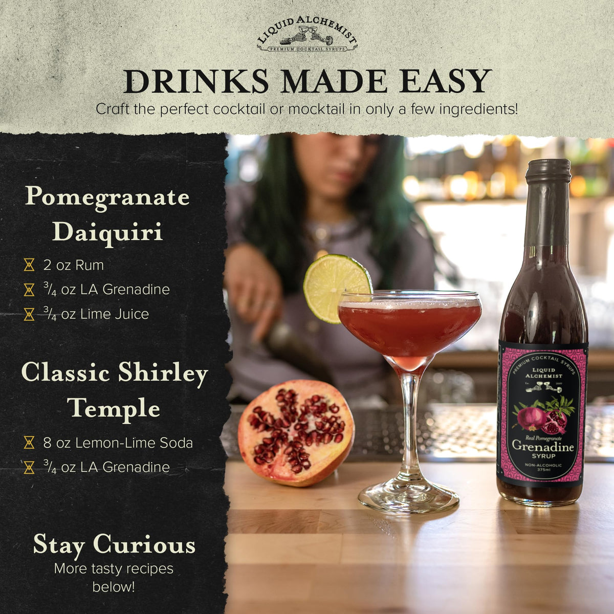 Liquid Alchemist Grenadine Syrup mocktail scene highlighting non-alcoholic flavor boost.