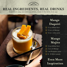 Liquid Alchemist Mango Syrup bottle label shows real ingredients.