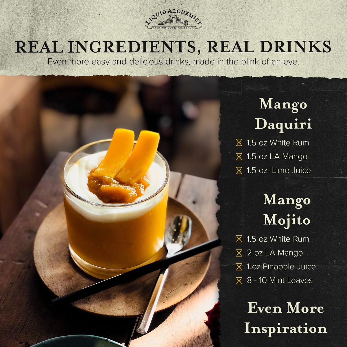 Liquid Alchemist Mango Syrup bottle shown beside fresh citrus.