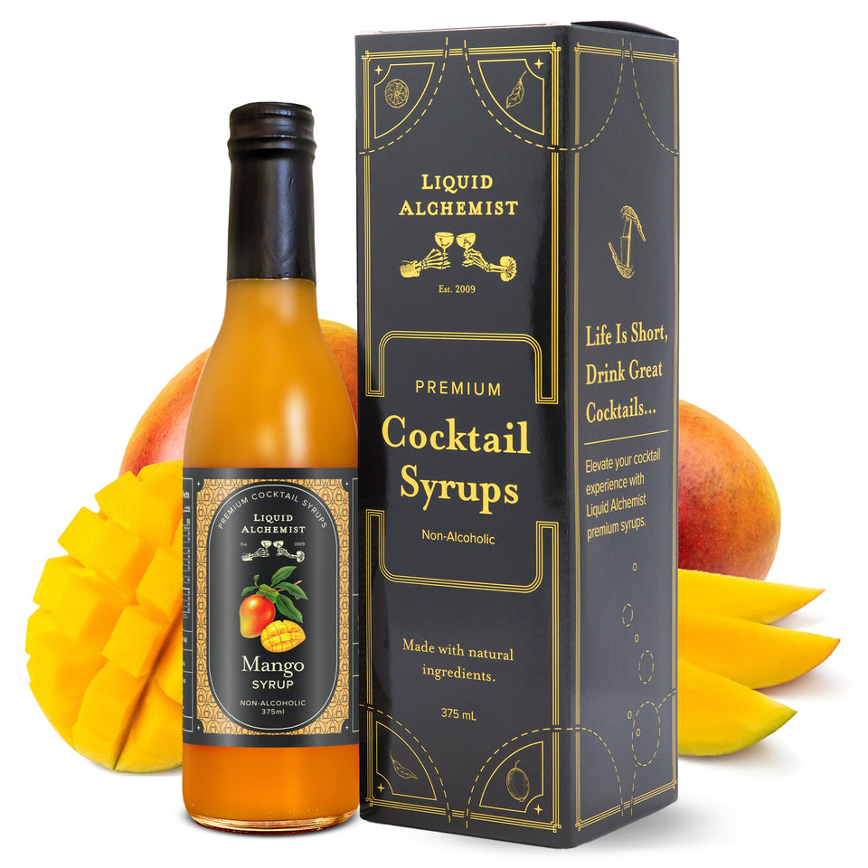 Liquid Alchemist Mango Syrup bottle shown, an easy cocktail sweetener for tropical drinks.
