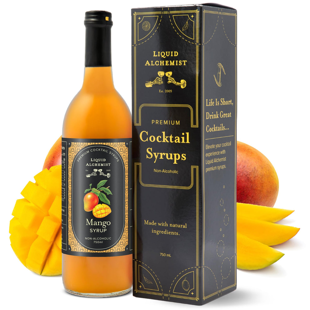 Liquid Alchemist Mango Syrup bottle showcasing real mango flavor for cocktails.