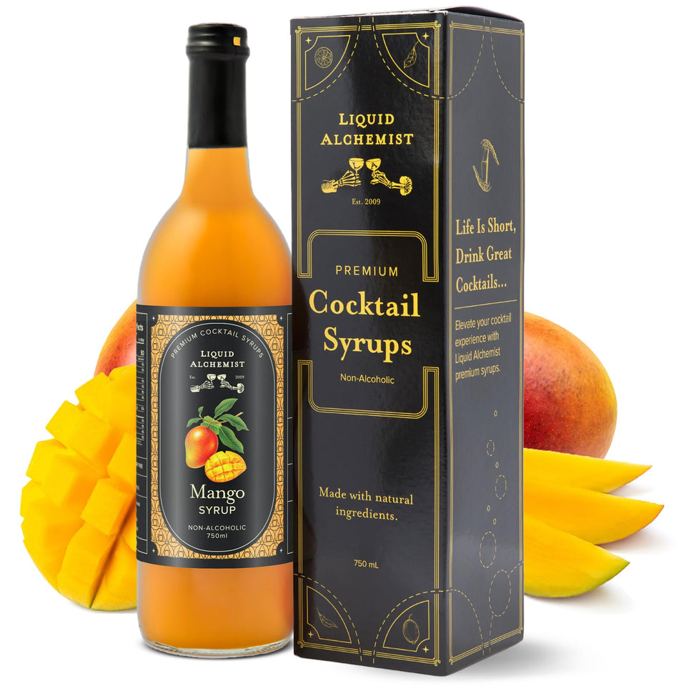 Liquid Alchemist Mango Syrup bottle showcasing real mango flavor for cocktails.