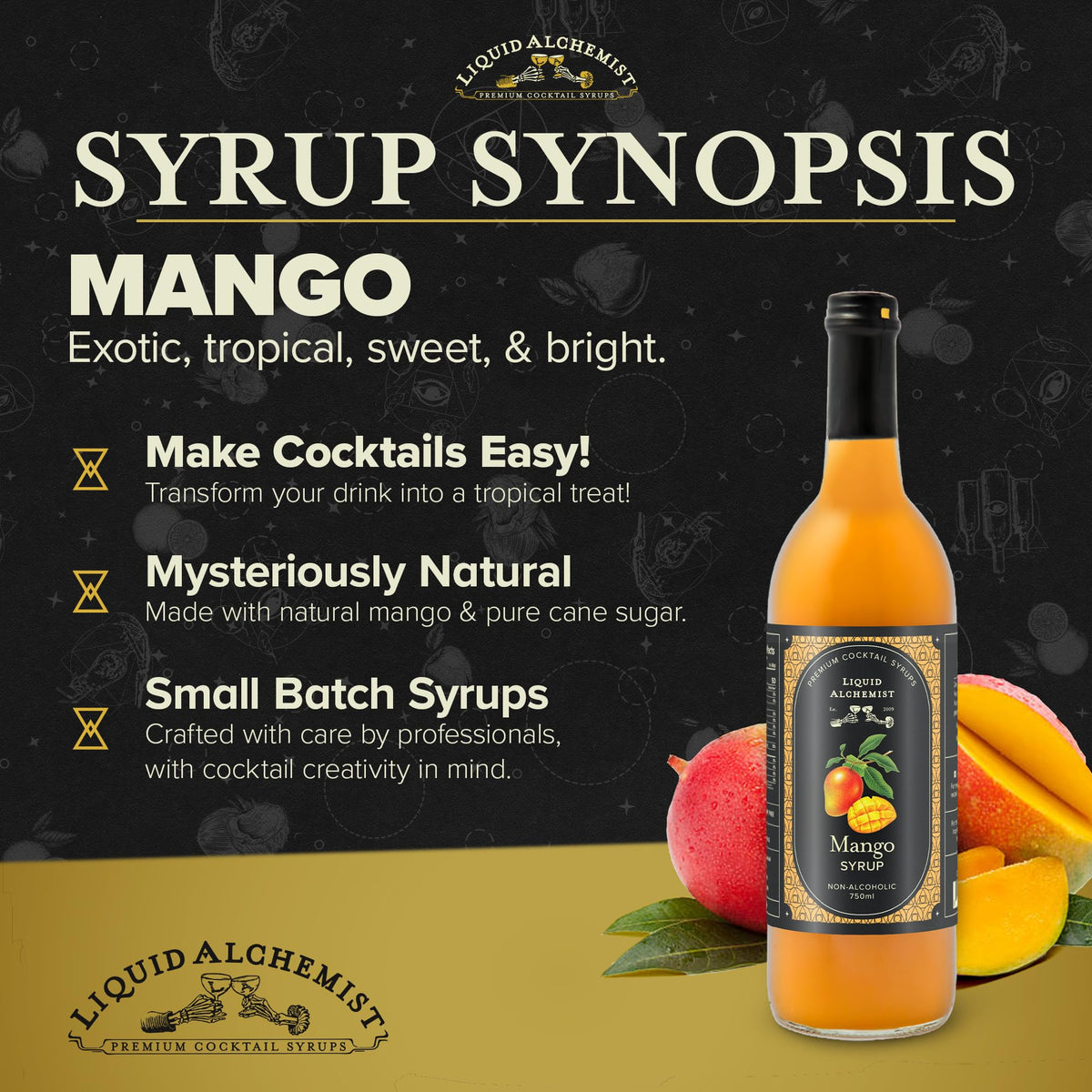 Liquid Alchemist Mango Syrup on a bar setup for cocktails.