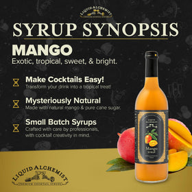 Liquid Alchemist Mango Syrup on a bar setup for cocktails.