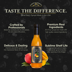 Liquid Alchemist Mango Syrup shelf-stable bottle ideal for party prep.