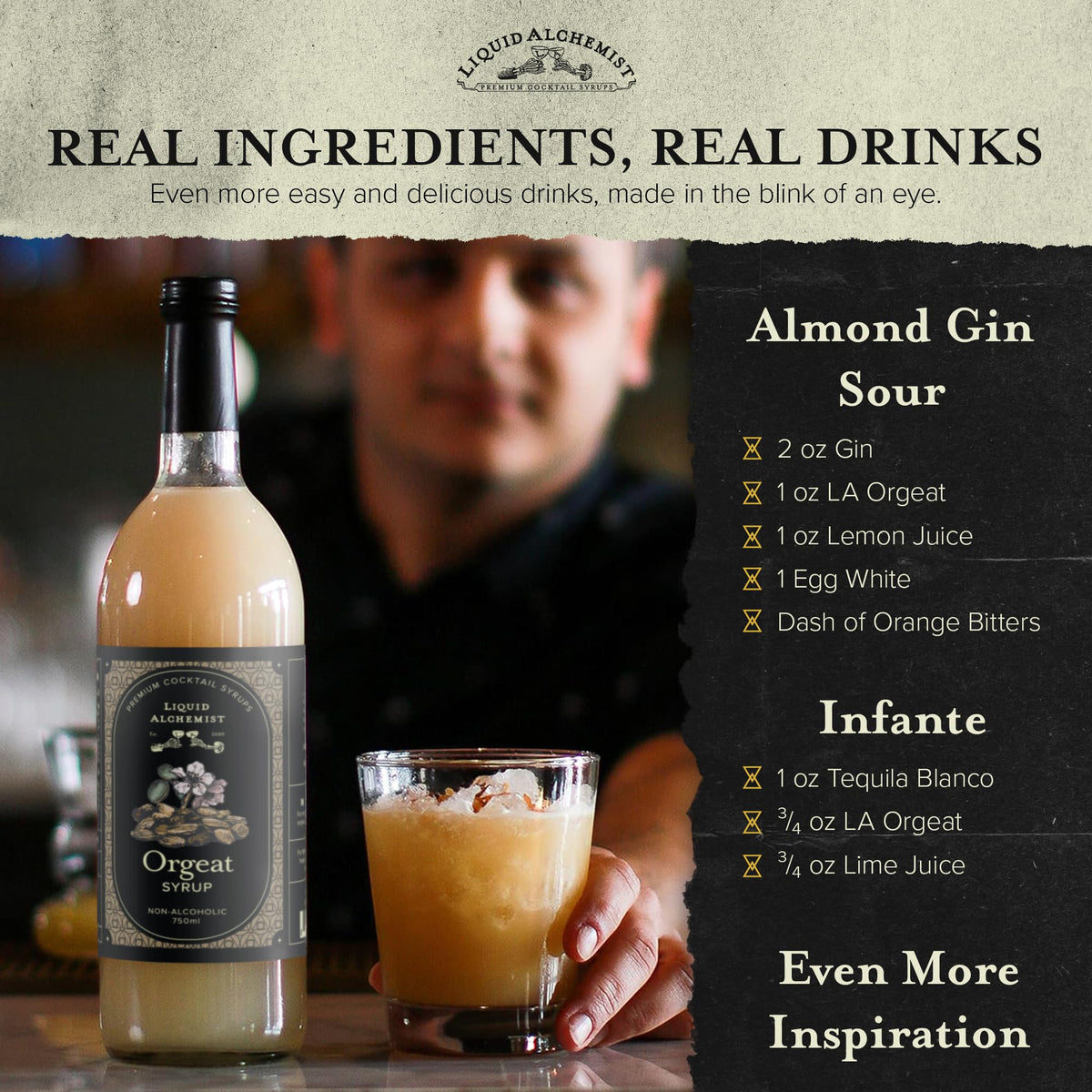Liquid Alchemist mocktails and coffee ideas using real almond syrup.