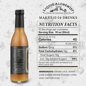Liquid Alchemist Ginger Syrup bottle highlights organic ginger juice.