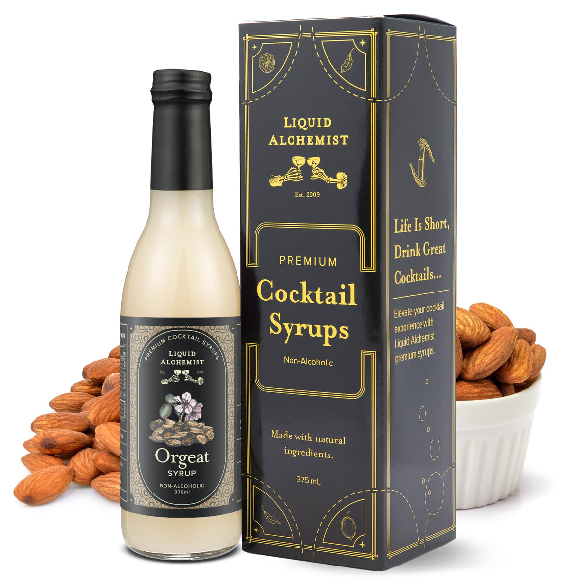 Liquid Alchemist orgeat syrup bottle for cocktails and Mai Tai prep.