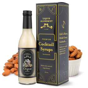 Liquid Alchemist orgeat syrup bottle for cocktails and Mai Tai prep.