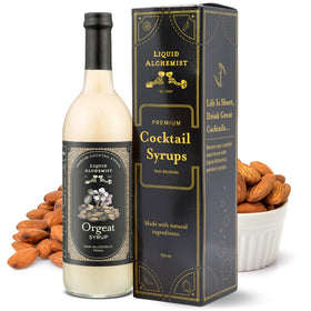 Liquid Alchemist Orgeat Syrup bottle on bar for authentic almond flavor in cocktails
