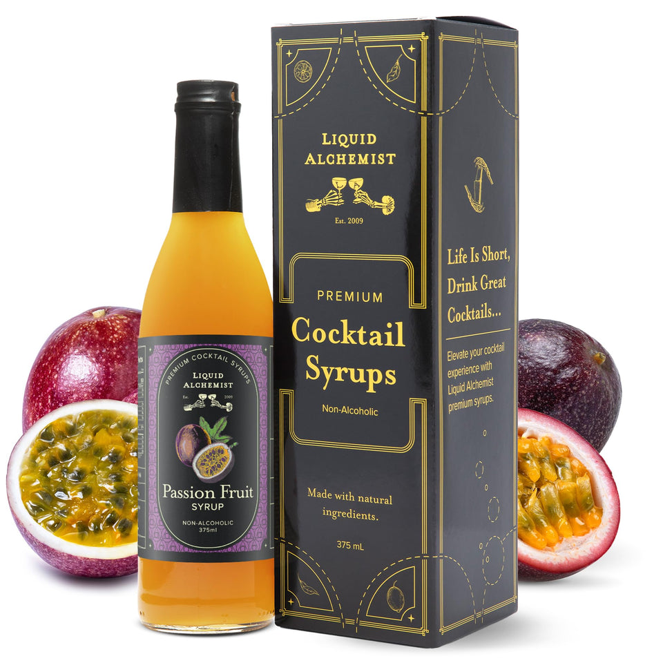 Liquid Alchemist passion fruit syrup bottle showcases real ingredients for vibrant cocktails.