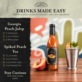 Liquid Alchemist Peach Syrup bottle label close-up emphasizing real ingredients