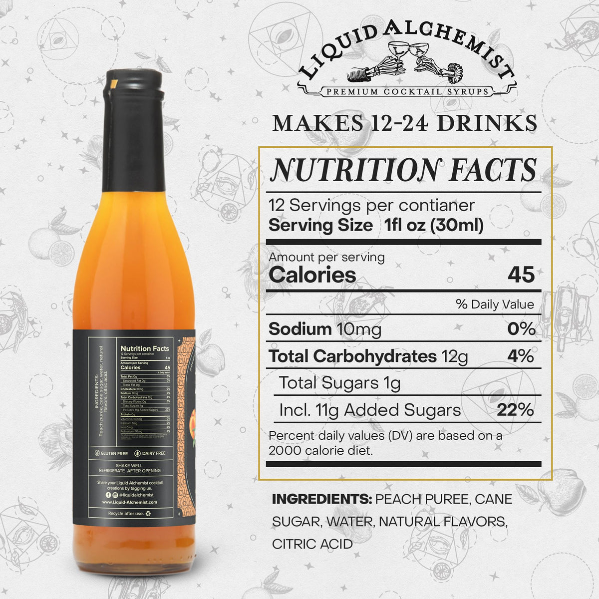 Liquid Alchemist Peach Syrup bottle side view highlighting natural ingredients
