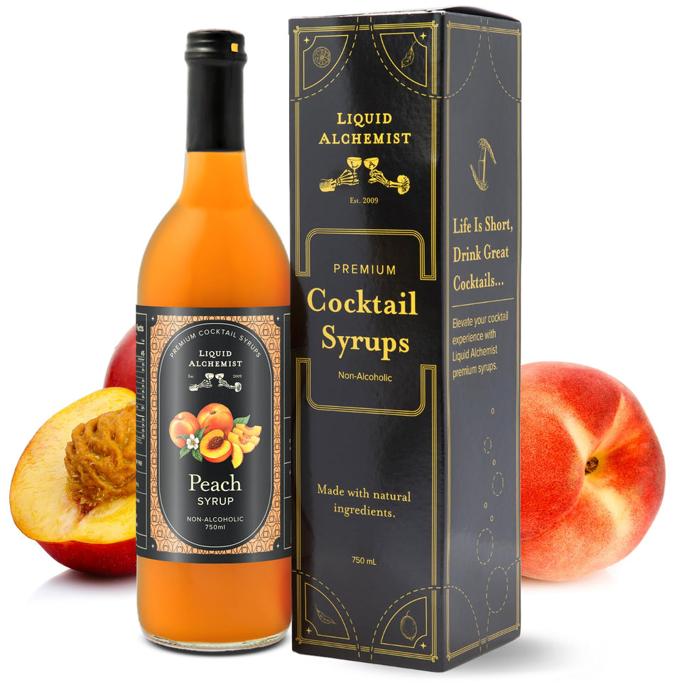 Liquid Alchemist Peach Syrup bottle for cocktails.