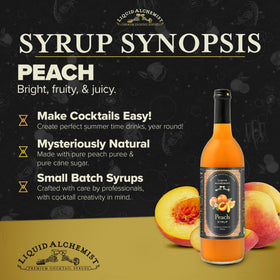 Liquid Alchemist Peach Syrup label highlights non-GMO vegan recipe.