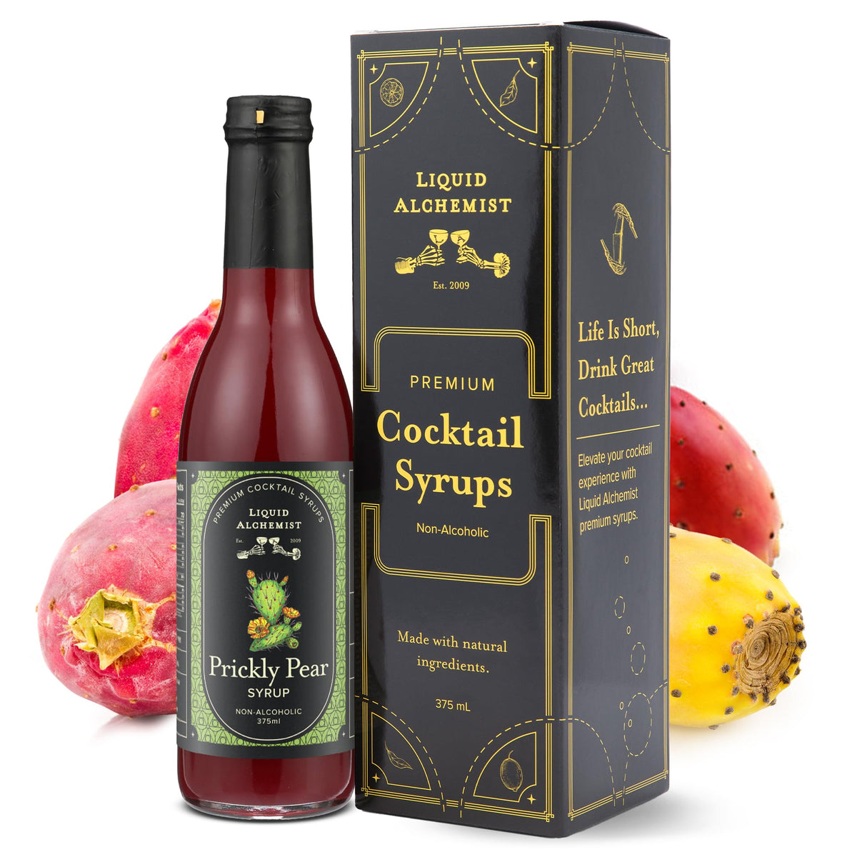 Liquid Alchemist prickly pear syrup bottle shows real ingredients for cocktails