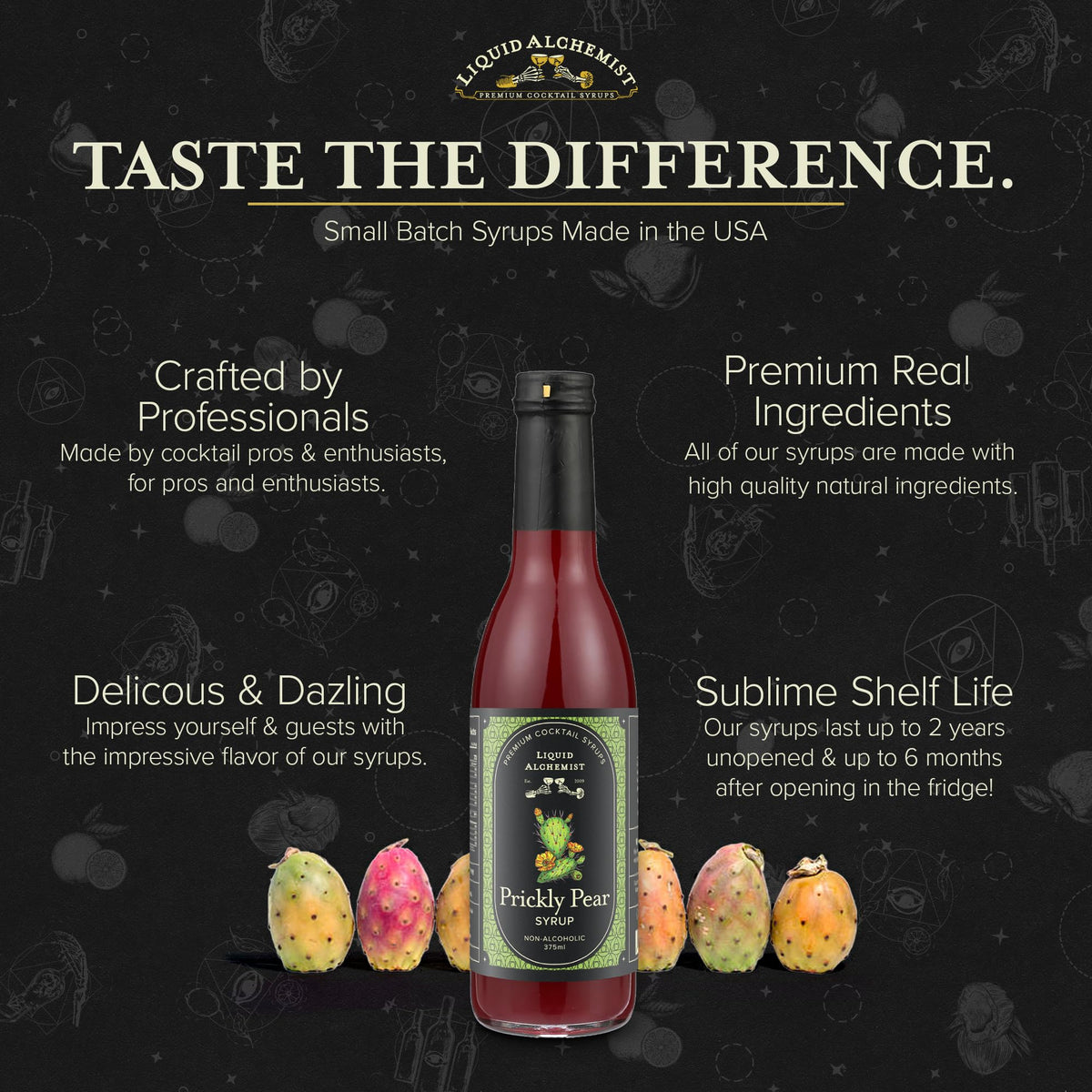 Close-up of ingredients in Liquid Alchemist prickly pear syrup