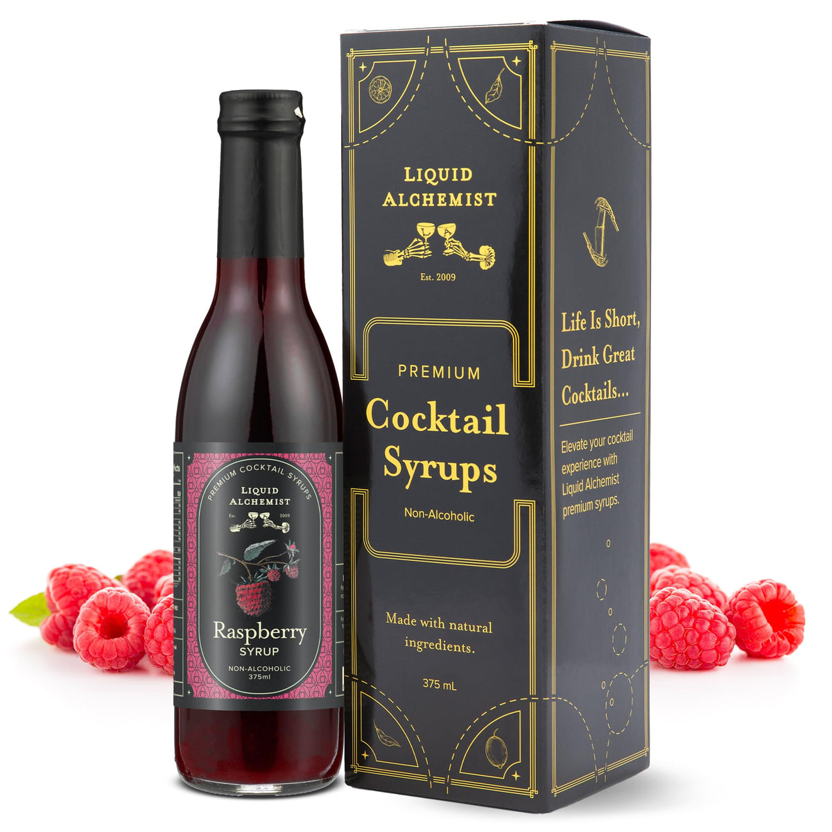 Liquid Alchemist Raspberry Syrup bottle highlights real ingredients for cocktails.