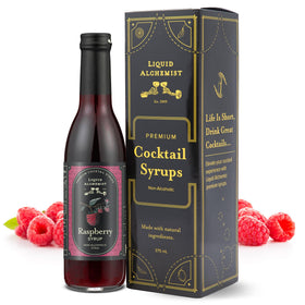 Liquid Alchemist Raspberry Syrup bottle highlights real ingredients for cocktails.