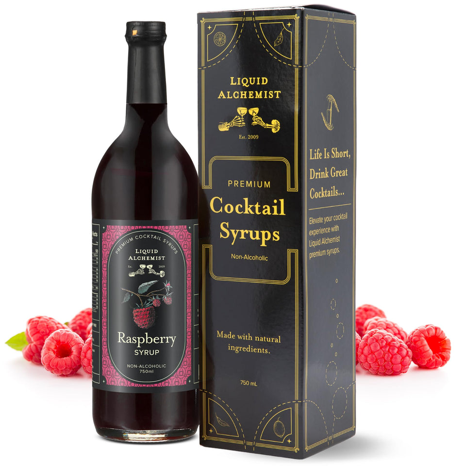 Liquid Alchemist Raspberry Syrup bottle highlighting real fruit flavor for cocktails